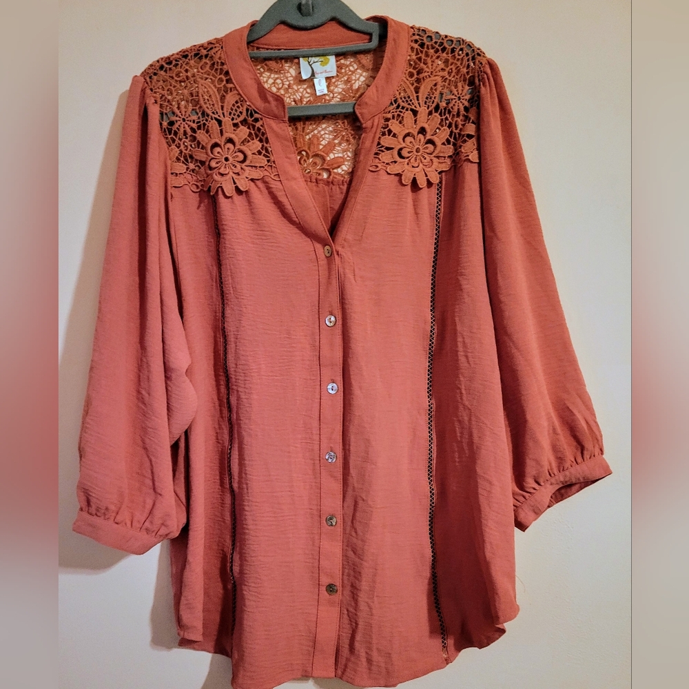Anthropologie Fig & Flower Button-Down Top, Mauve Pink, Embroidered, NWOT, L